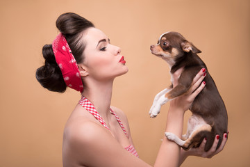 Pretty brunette  girl in retro style