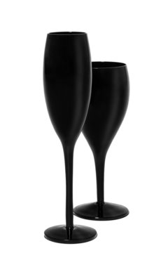 Black wine and champagne glasses on white background.