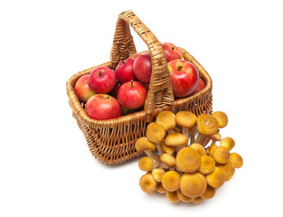 red apples in a basket and mushrooms isolated on white backgroun