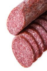 smoked sausage isolated on white background. Vertical closeup