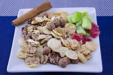 Delicious muesli with dried kiwi and papaya
