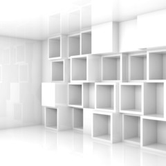 Abstract empty 3d interior, white cubes shelves on the wall