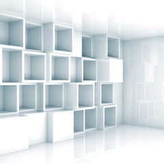 Abstract empty 3d interior, white empty cube shelves on wall