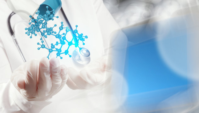 scientist doctor hand holds virtual molecular structure in the l