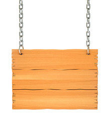 Close up of a wooden sign with chain. Isolated