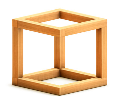 Optical illusion. Impossible geometrical figure. Wooden box