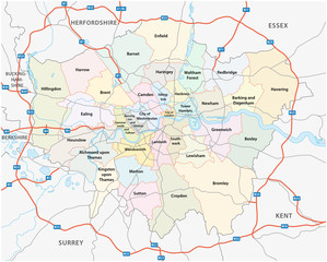 Naklejka premium Wielka mapa drogowa i administracyjna Londynu