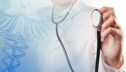 Double exposure of smart medical doctor working with operating r