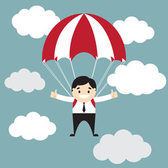 Businessman showing thumb up flyimg with parachute in the sky.