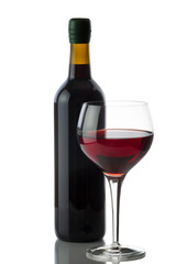 Glass of Red Wine with full bottle on White background