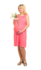 pregnant woman with flowers in red dress