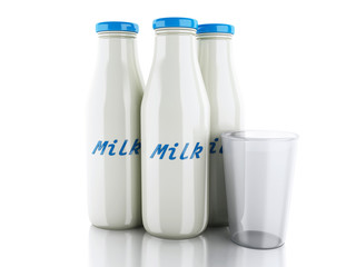 3d illustration. Milk bottles and glass on white background