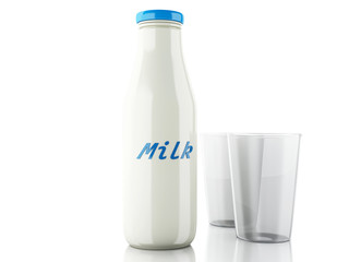3d illustration. Milk bottles and glass on white background