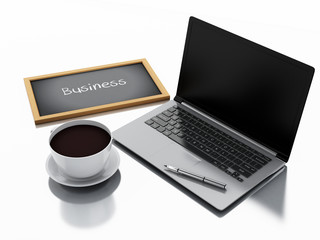 3d chalkboard, cup of coffee and laptop pc. business concept