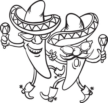 whiteboard drawing - two dancing cartoon mexican peppers