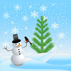 green tree and snow man with a bullfinch