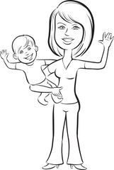 whiteboard drawing - happy mother and baby waving hello
