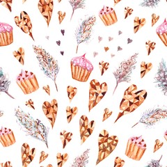 Watercolor pattern with cupcake, feather and hearts
