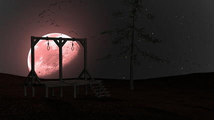 Spooky Night background with Gallows, Crows and Red Moon - obrazy, fototapety, plakaty
