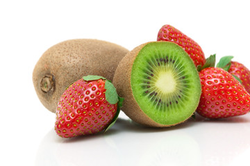 juicy kiwi and strawberry close-up on white background
