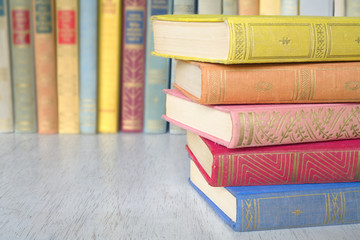stack of books, close up, free copy space