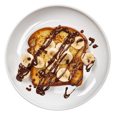 Toast with Bananas and Chocolate sauce. Isolated.