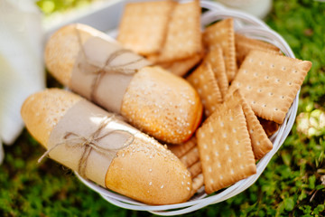 buns and cookies on the plate with green grass background