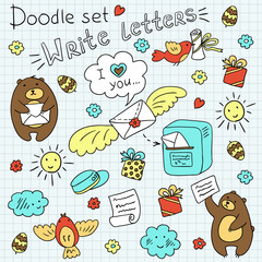 Doodle set -post, letters and bears (vector)