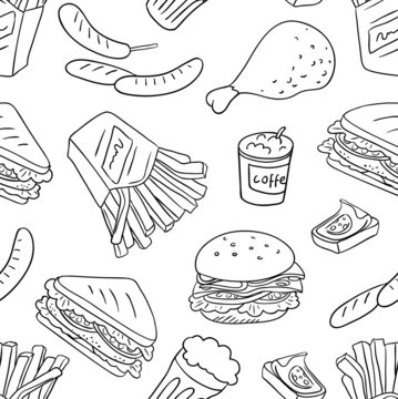 Seamless texture with fast food icons (vector)
