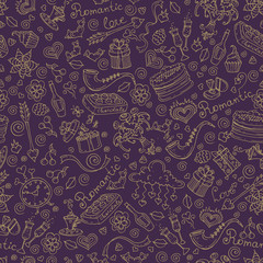 Vector pattern with hand drawn romantic symbols in purple