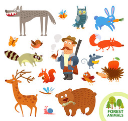 Naklejka premium Set funny forest little animals. Cartoon character