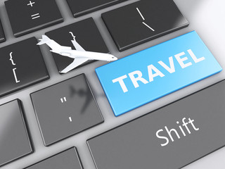 Fototapeta premium Travel and airplane on computer keyboard. Travel concept