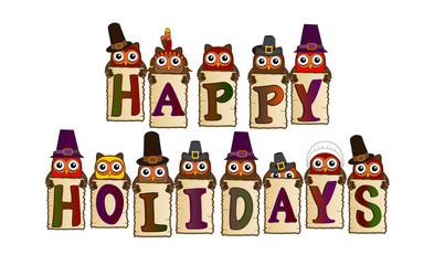 happy holidays birds with hats
