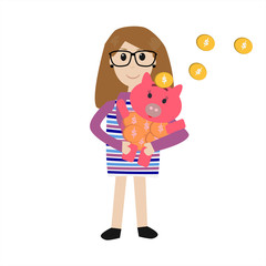 Hipster girl with saving pig  for save money isolated