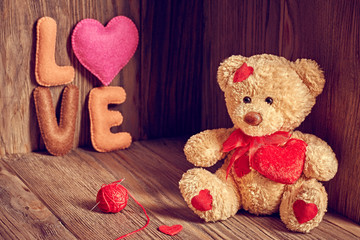 Valentines Day. Teddy Bear Loving. Hearts, Word Love. Retro.