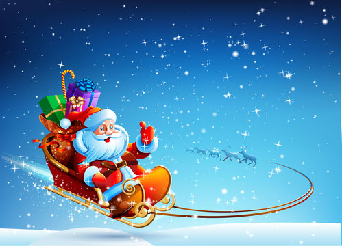 Santa Claus in a sleigh pulled by reindeer flying