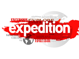 Expedition travel concept in word tag cloud, vector background