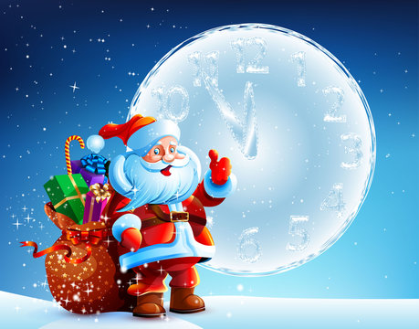 Santa Claus is standing in the snow with a bag of gifts on