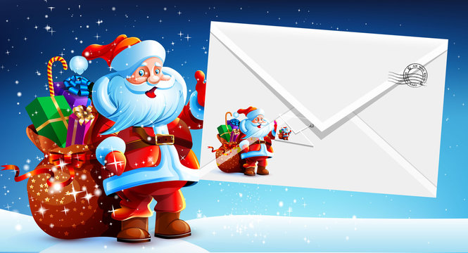 Santa Claus with a bag of gifts holding an envelope