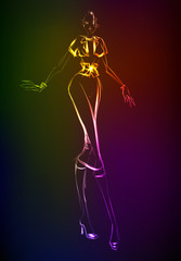 Hand-drawn fashion model from a neon. A light girl's