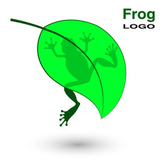 Logo with a frog on a bright green leaf.