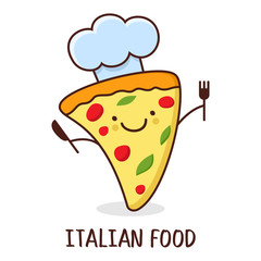 Cute cartoon smiling piece of pizza. Vector illustration. Concep