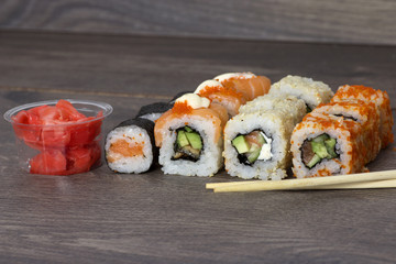 sushi on wooden background