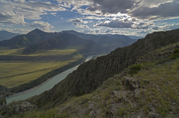 Mountain ranges in the evening sun. Altai, Russia