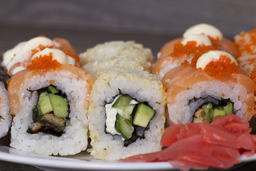 sushi on wooden background