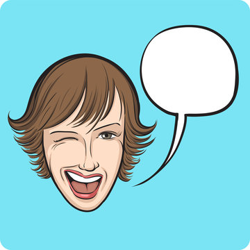 winking young woman with speech bubble