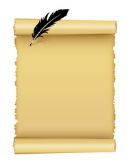 Old paper scroll and feather on white background.