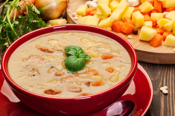 Pea soup with bacon and sausage