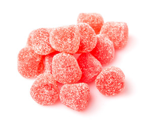 Red colored sugar jelly candy over white background