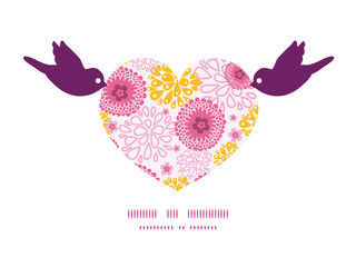 Vector pink field flowers birds holding heart silhouette frame